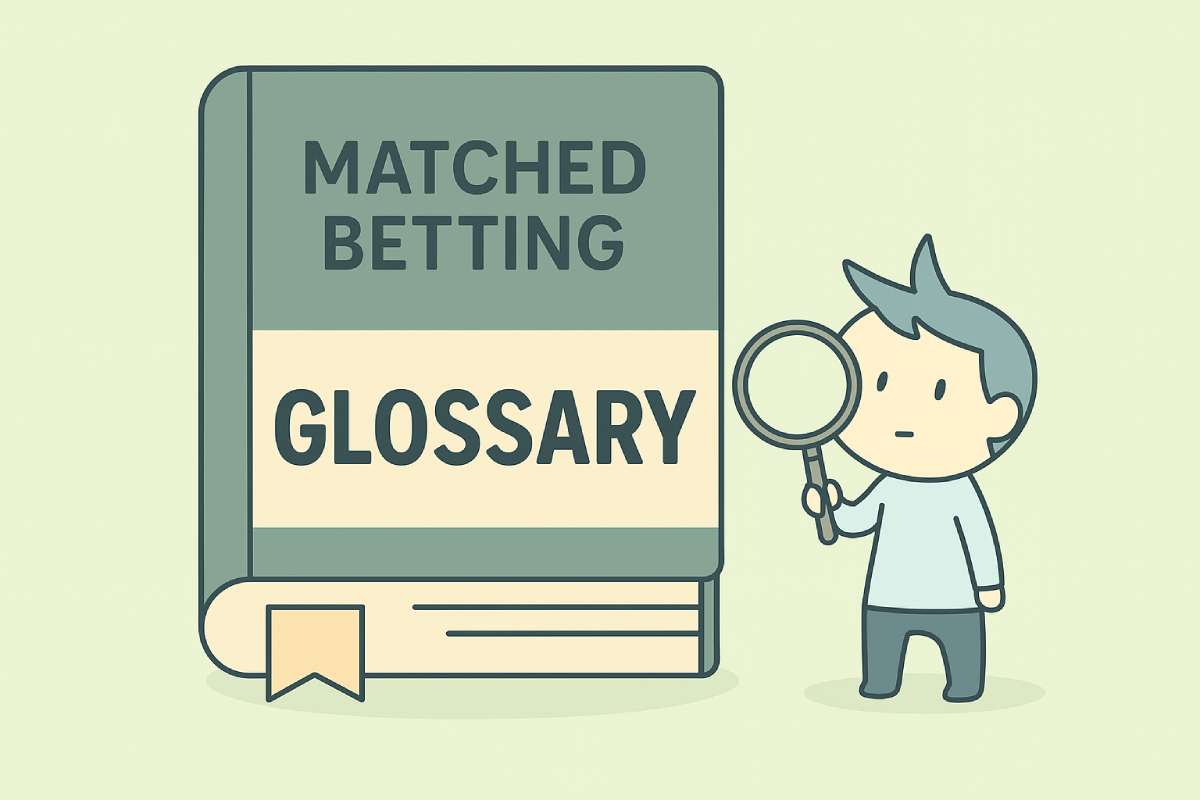 matched betting glossary - small man standing next to large match betting glossary book.